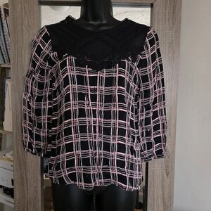 ☆River Island Navy Blue and Red Plaid Lace Top☆